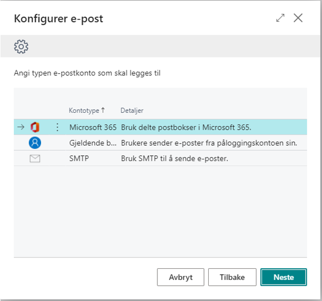 Konfigurer Epost M365 Konto